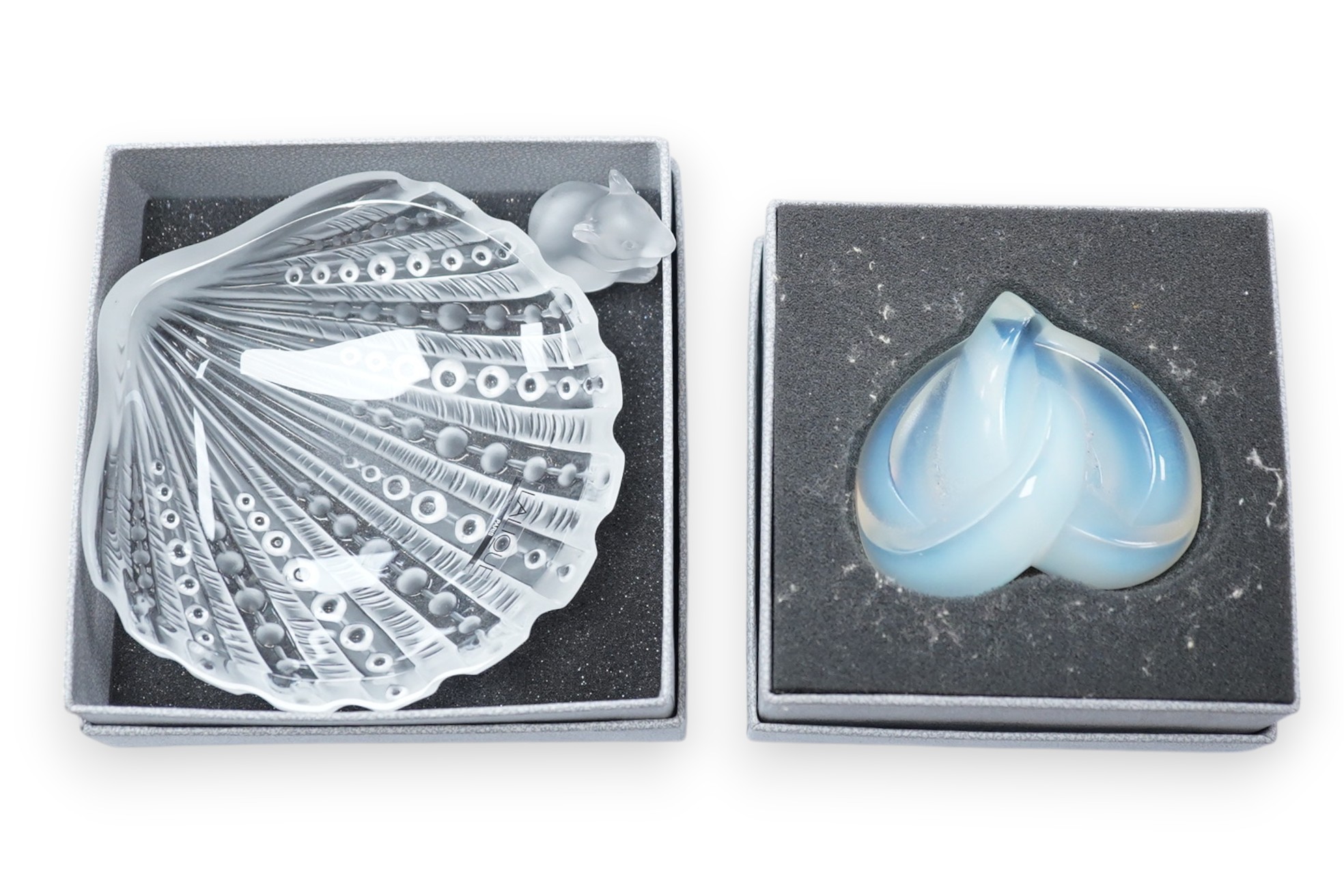 Three items of modern Lalique glass comprising paperweight in the form of a heart, shell dish and mouse, two boxed, largest 12.5cm. Condition - good